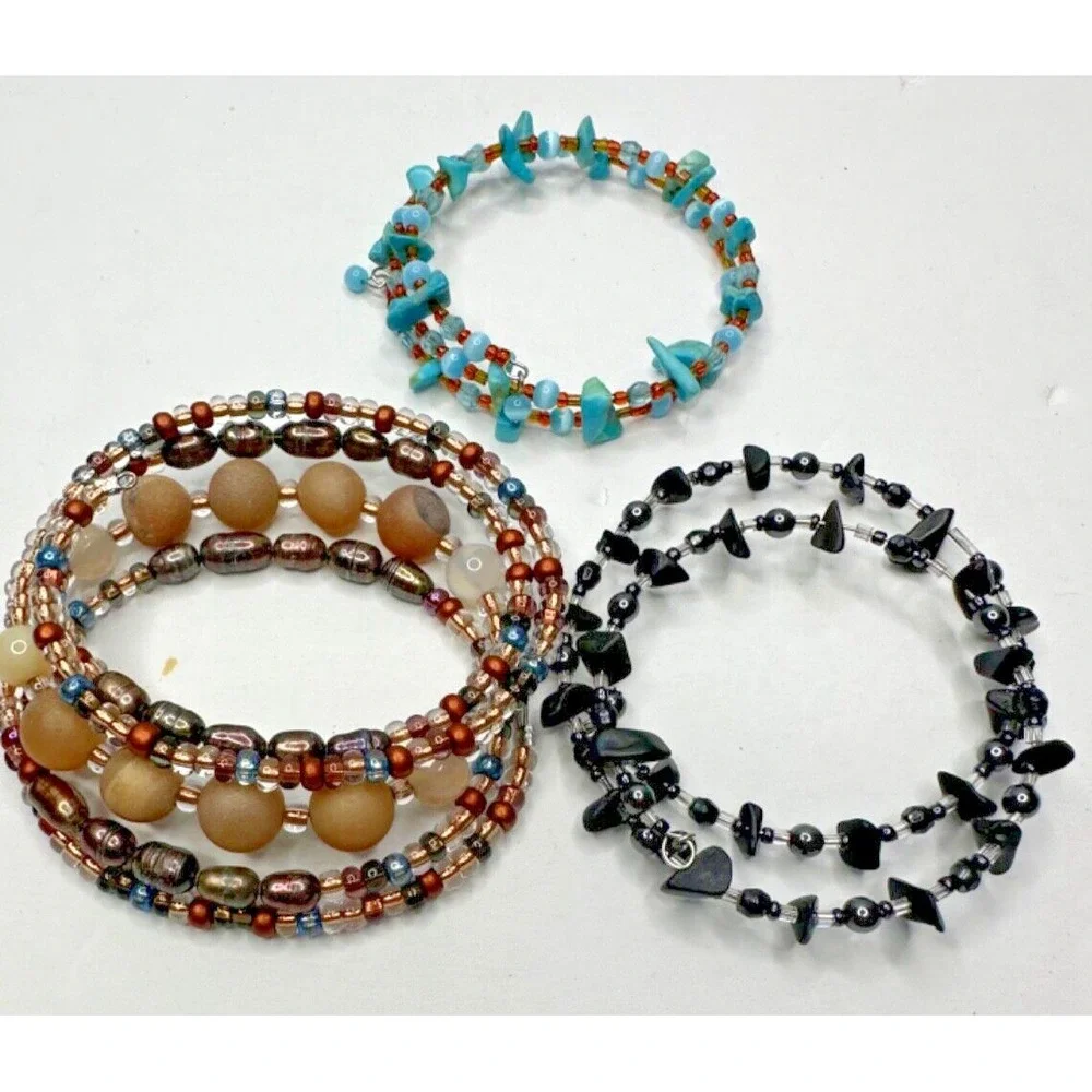 Wrap Bracelets Turquoise Black Quartz Brown Bead Freshwater Pearl Set 3 Stunning